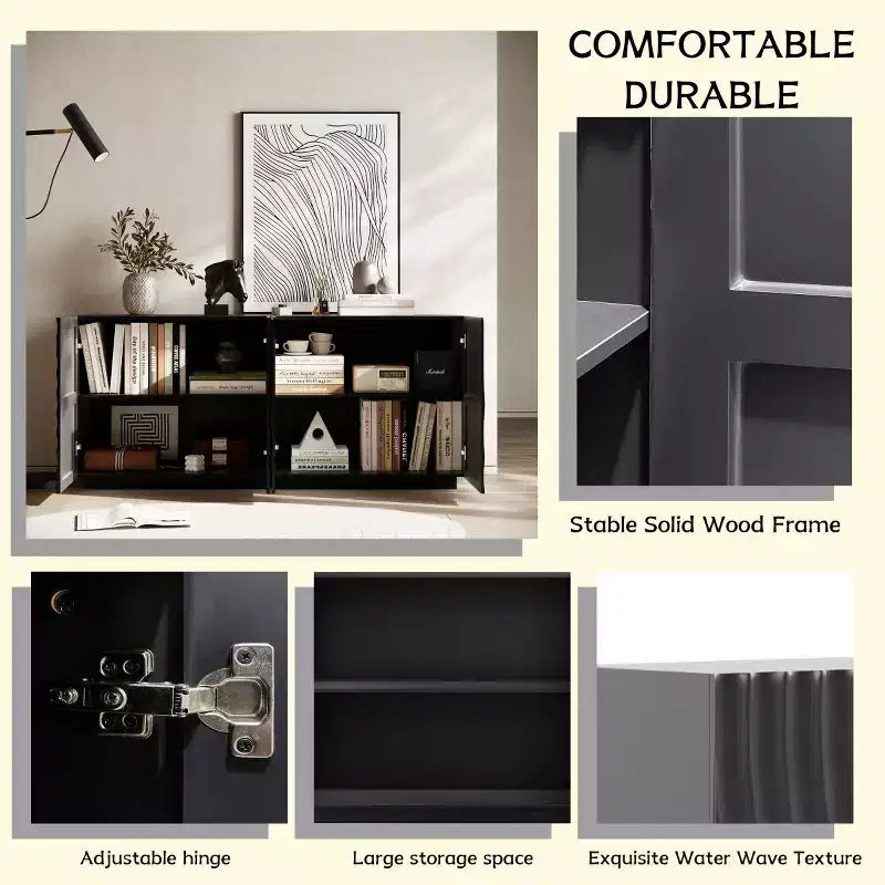 59 Buffet de buffet latéral en spirale moderne, meuble de rangement d'entrée d'art à profil bas avec portes texturées à ondulations 3D - Panipeachy