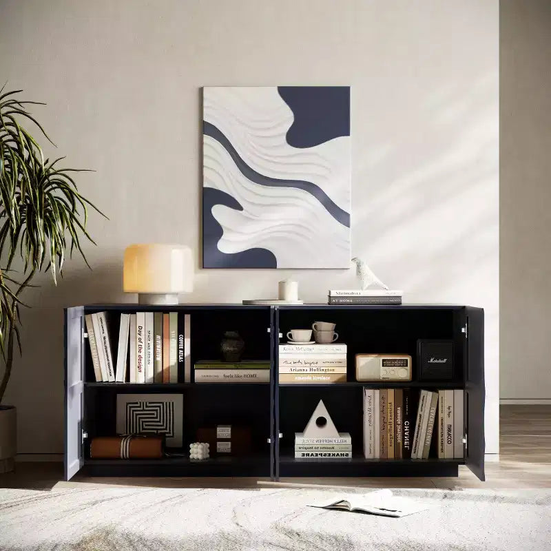 59 Buffet de buffet latéral en spirale moderne, meuble de rangement d'entrée d'art à profil bas avec portes texturées à ondulations 3D - Panipeachy