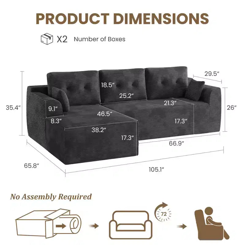 Canapé sectionnel modulaire de 267 cm avec assise profonde, canapé sectionnel Cloud avec méridienne surdimensionnée, canapé-lit sans assemblage requis pour salon et chambre