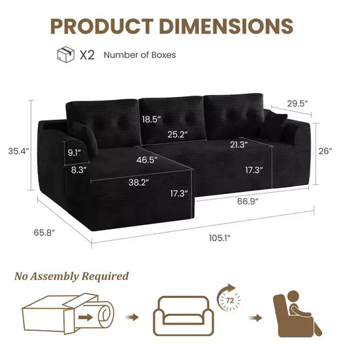 Canapé sectionnel modulaire de 267 cm avec assise profonde, canapé sectionnel Cloud avec méridienne surdimensionnée, canapé-lit sans assemblage requis pour salon et chambre