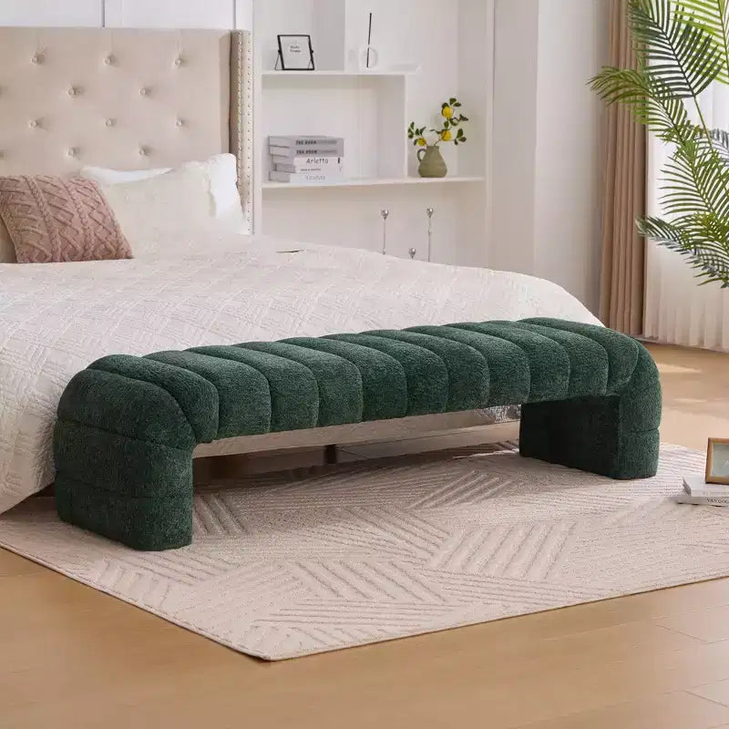 Okak 69.7 Banc de lit moderne sans accoudoirs avec capitonnage cannelé, poufs-ottomans en chenille, banc d'entrée pour salon, chambre à coucher