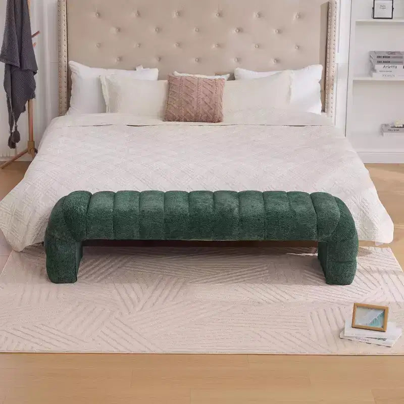 Okak 69.7 Banc de lit moderne sans accoudoirs avec capitonnage cannelé, poufs-ottomans en chenille, banc d'entrée pour salon, chambre à coucher
