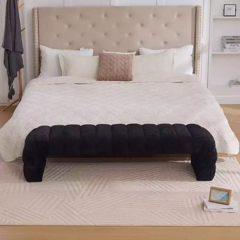 Okak 69.7 Banc de lit moderne sans accoudoirs avec capitonnage cannelé, poufs-ottomans en chenille, banc d'entrée pour salon, chambre à coucher