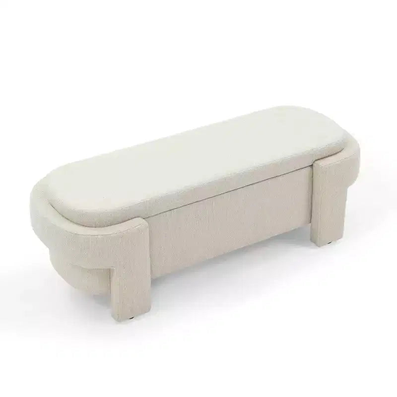 Banc de rangement ottoman ovale Okak avec grand espace de rangement, banc de rangement avec pieds décoratifs en bois et coussins en lin, banc d'entrée