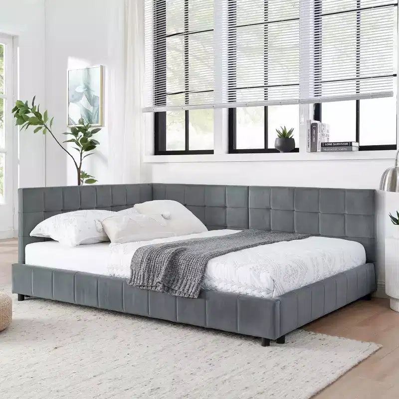 Cadre de lit capitonné pleine grandeur MAYEERTY avec dossier confortable et accoudoirs pour chambre à coucher ou salon, gris
