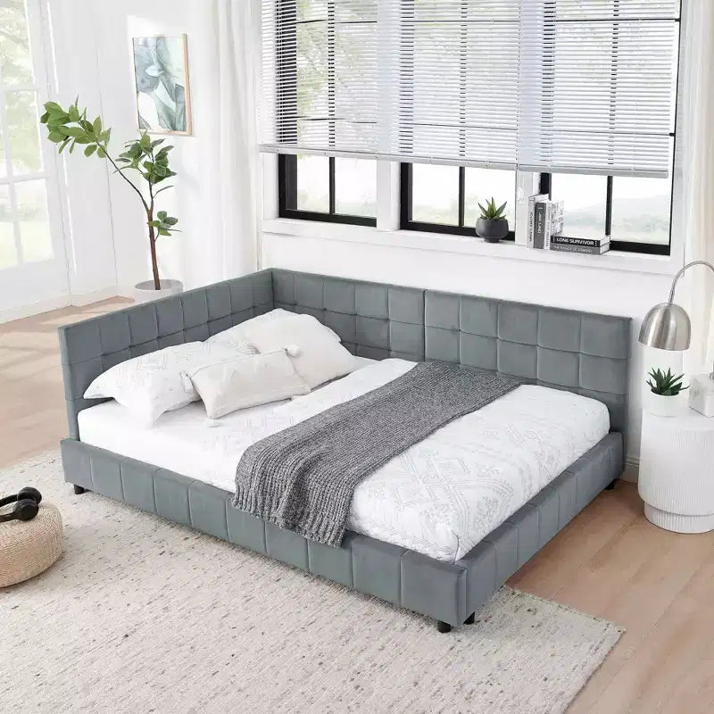 Cadre de lit capitonné pleine grandeur MAYEERTY avec dossier confortable et accoudoirs pour chambre à coucher ou salon, gris