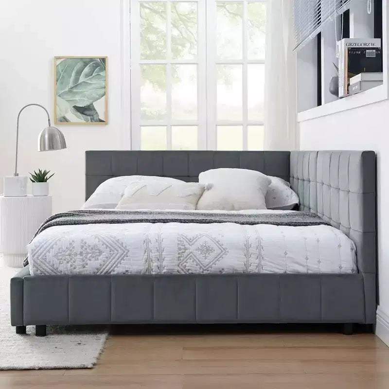 Cadre de lit capitonné pleine grandeur MAYEERTY avec dossier confortable et accoudoirs pour chambre à coucher ou salon, gris