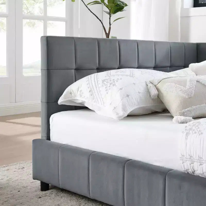Cadre de lit capitonné pleine grandeur MAYEERTY avec dossier confortable et accoudoirs pour chambre à coucher ou salon, gris
