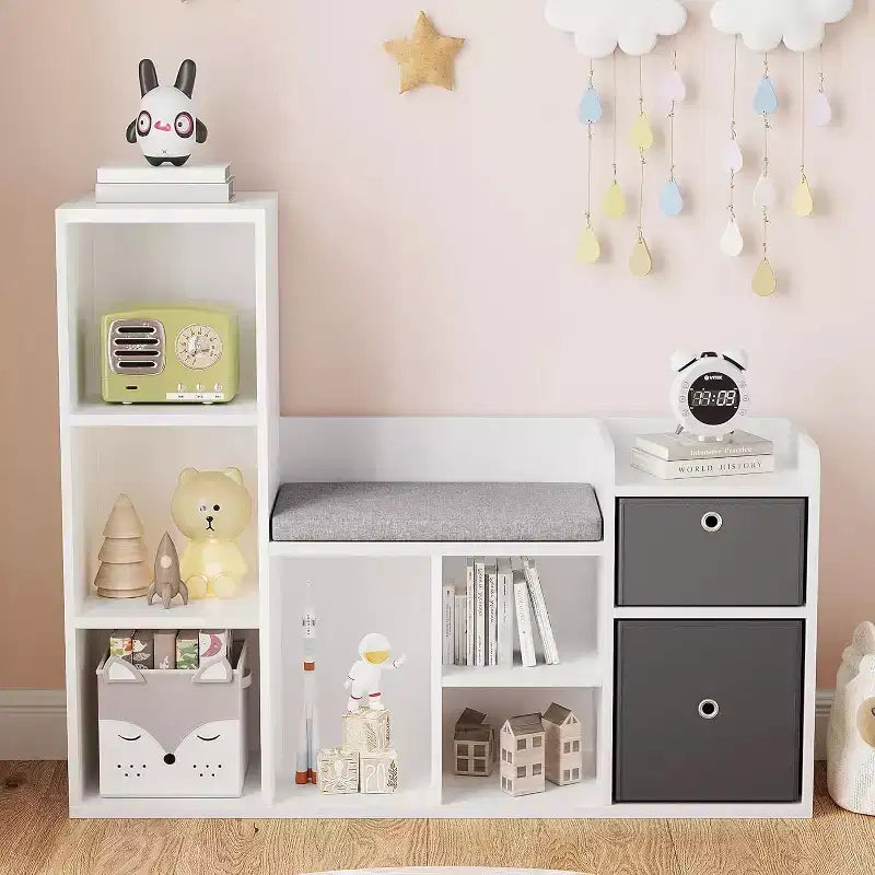 Bibliothèque pour enfants, Bibliothèque maison de poupée, Coin lecture avec siège, Meuble de rangement pour enfants avec 6 casiers et tiroirs pour salle de jeux ou chambre à coucher
