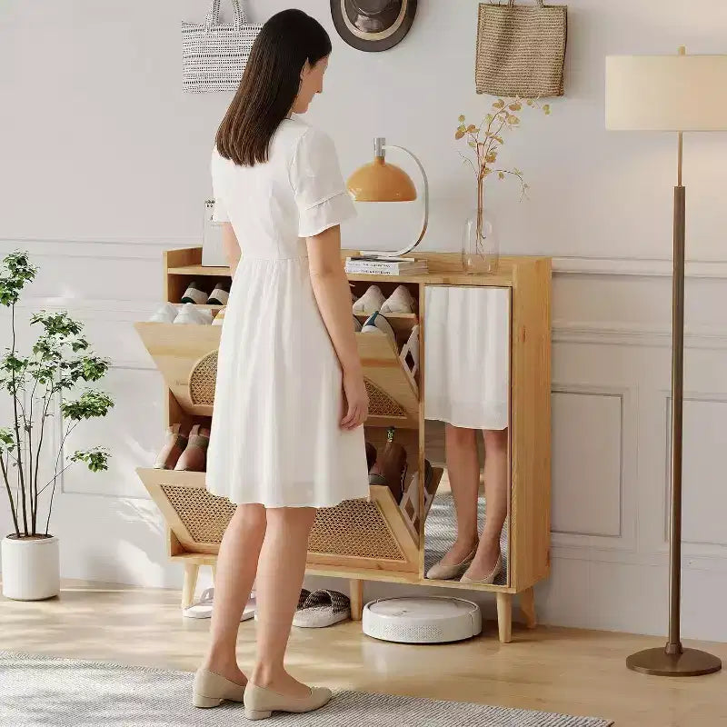 Meuble à chaussures dissimulé en rotin naturel | Miroir + étagères réglables, 2 tiroirs basculants pour salon, entrée, couloir