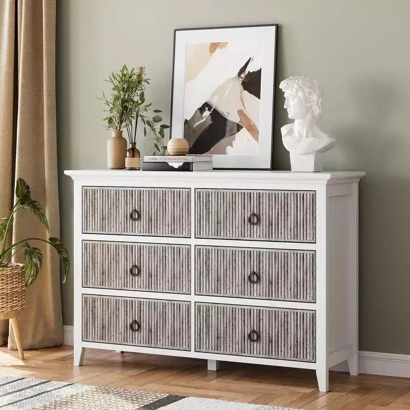 Commode moderne à 6 tiroirs cannelés COZONY avec panneau ondulé, coffre de rangement anti-basculement pour chambre à coucher, salon et couloir