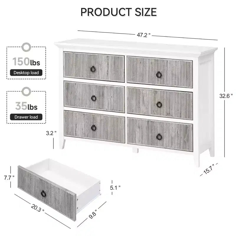 Commode moderne à 6 tiroirs cannelés COZONY avec panneau ondulé, coffre de rangement anti-basculement pour chambre à coucher, salon et couloir