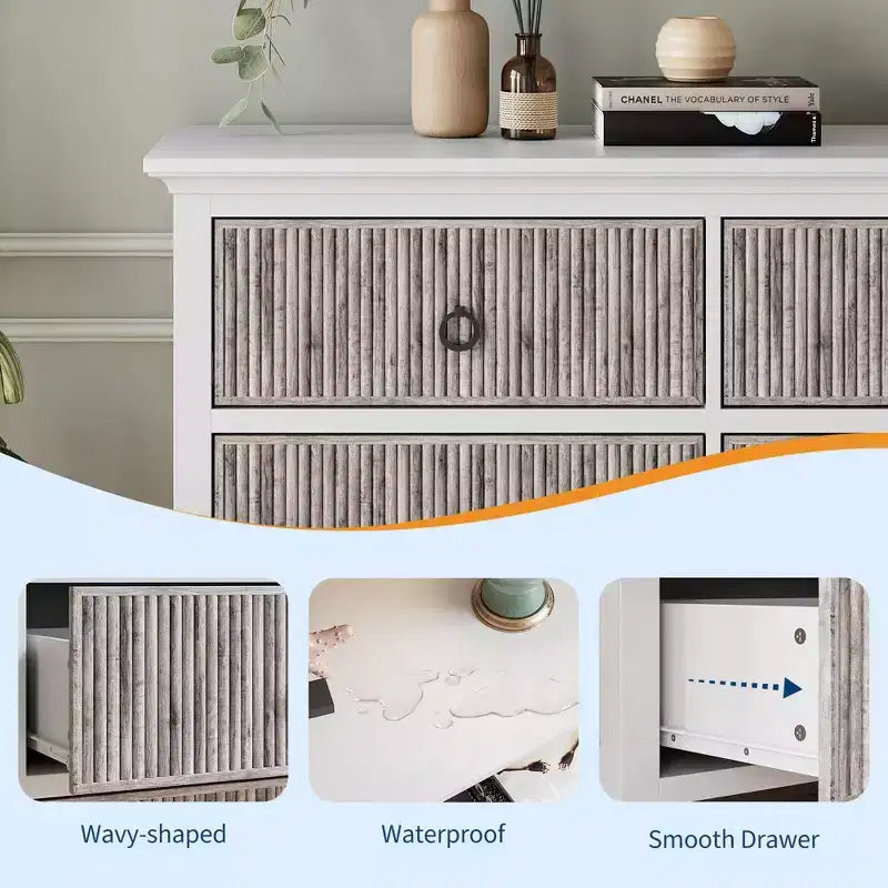 Commode moderne à 6 tiroirs cannelés COZONY avec panneau ondulé, coffre de rangement anti-basculement pour chambre à coucher, salon et couloir