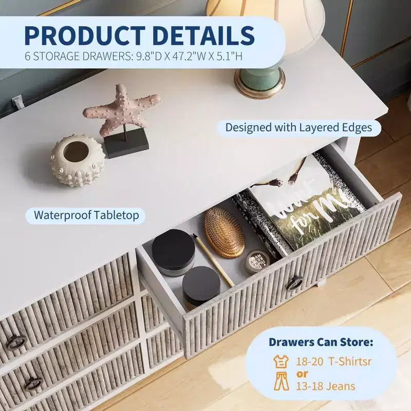Commode moderne à 6 tiroirs cannelés COZONY avec panneau ondulé, coffre de rangement anti-basculement pour chambre à coucher, salon et couloir
