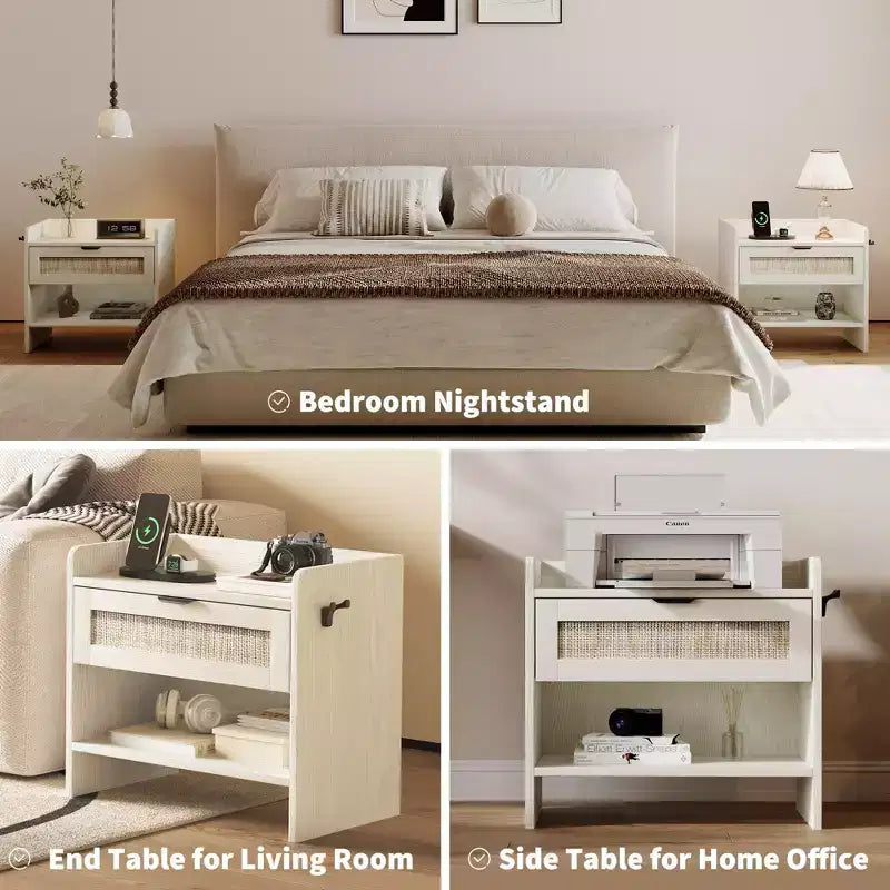 Lot de 2 tables de chevet en rotin avec station de recharge, table de nuit bohème avec tiroir et étagère ouverte pour chambre, salon et bureau