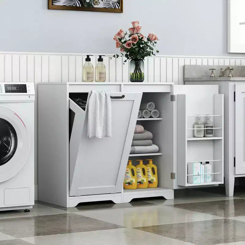 JVNOXK Meuble à linge de 80 cm avec portes et étagères, panier à linge inclinable et coulissant, étagères réglables, blanc