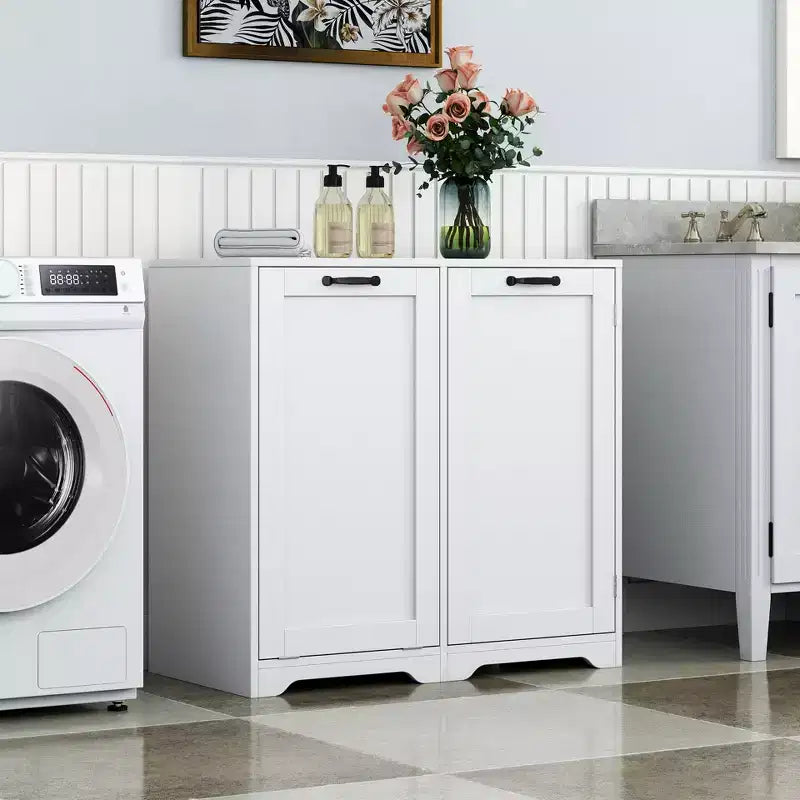 JVNOXK Meuble à linge de 80 cm avec portes et étagères, panier à linge inclinable et coulissant, étagères réglables, blanc