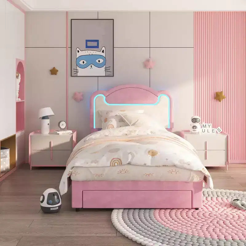 Cadre de lit double rembourré, support en bois solide, sans sommier tapissier, avec tiroirs, adapté à une chambre d'enfant, rose et blanc