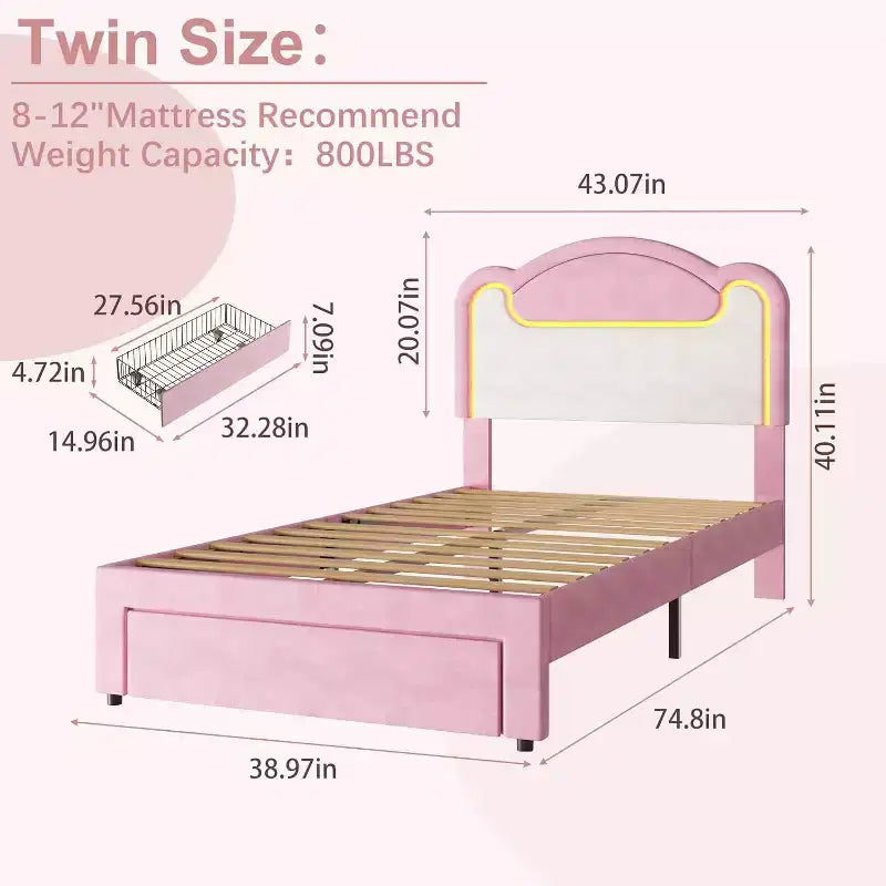 Cadre de lit double rembourré, support en bois solide, sans sommier tapissier, avec tiroirs, adapté à une chambre d'enfant, rose et blanc