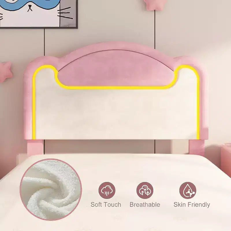 Cadre de lit double rembourré, support en bois solide, sans sommier tapissier, avec tiroirs, adapté à une chambre d'enfant, rose et blanc