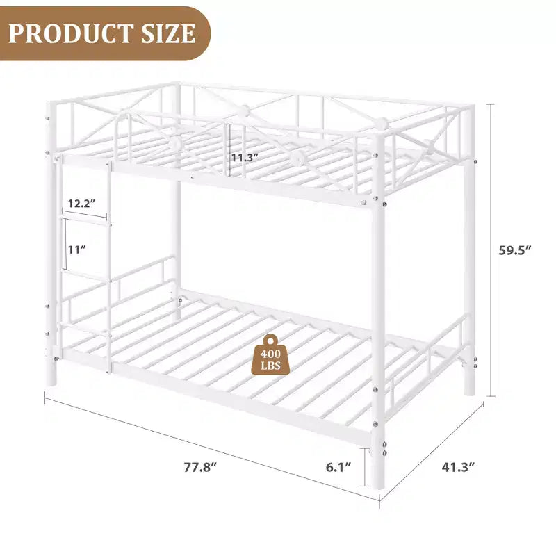 Lit superposé double blanc en métal, design industriel, barrières de sécurité, cadre en acier peu encombrant pour l'école, la chambre