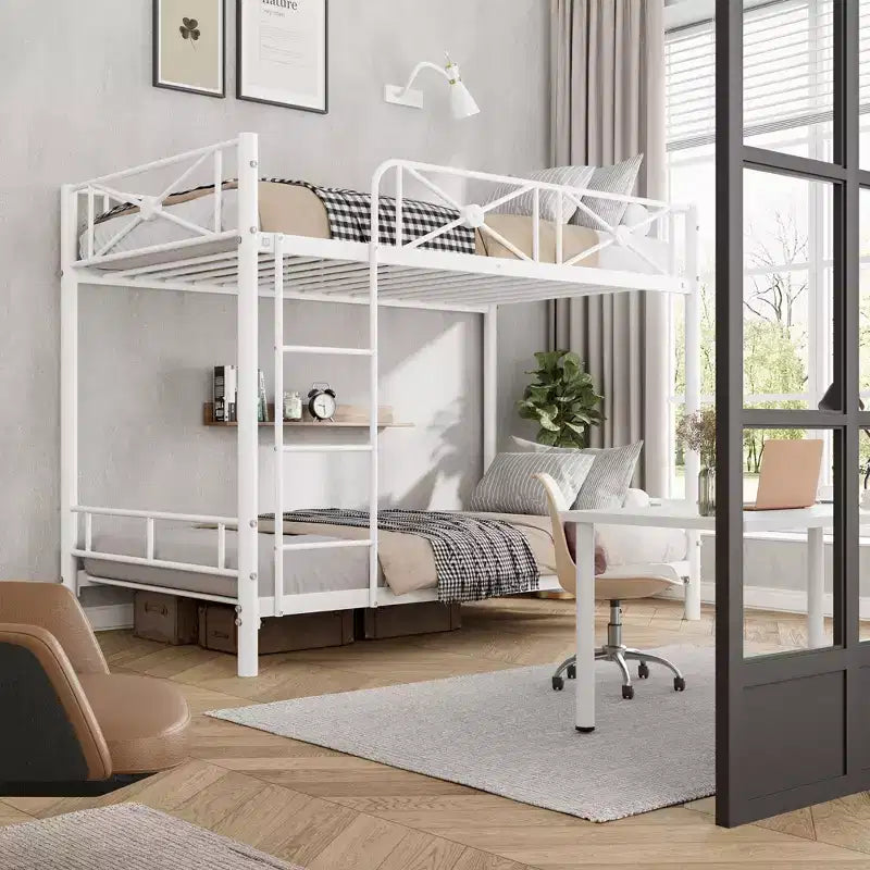 Lit superposé double blanc en métal, design industriel, barrières de sécurité, cadre en acier peu encombrant pour l'école, la chambre
