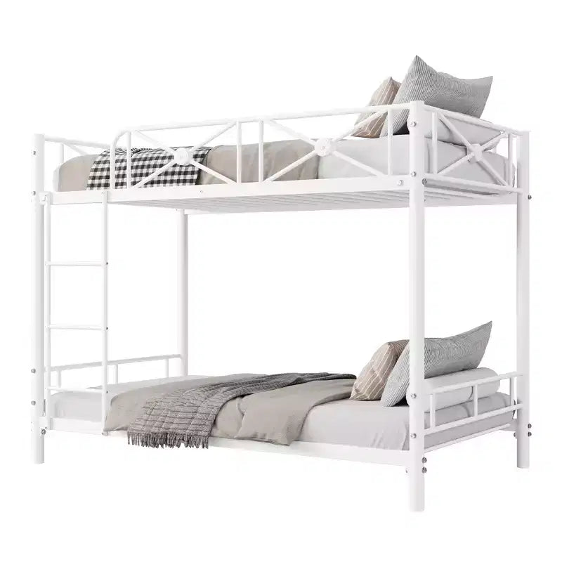 Lit superposé double blanc en métal, design industriel, barrières de sécurité, cadre en acier peu encombrant pour l'école, la chambre