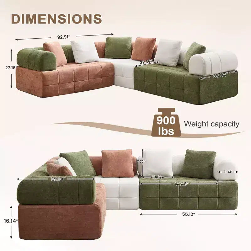 Canapé modulable 4 places en chenille avec accoudoirs incurvés, color block, largeur 279,98 cm
