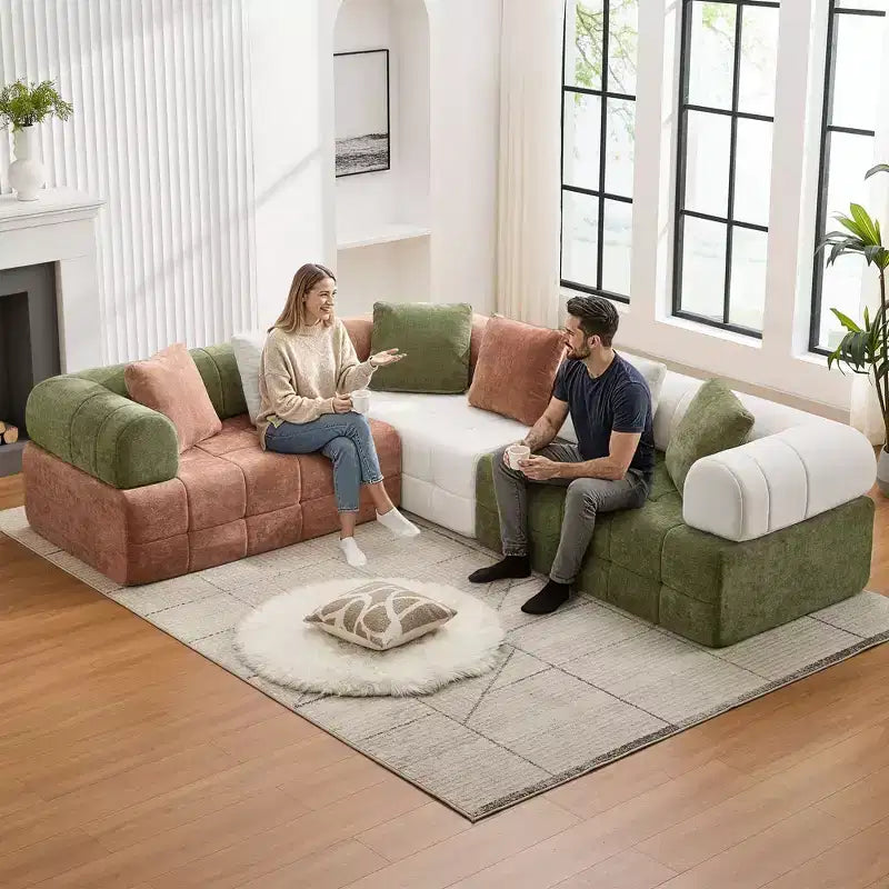 Canapé modulable 4 places en chenille avec accoudoirs incurvés, color block, largeur 279,98 cm