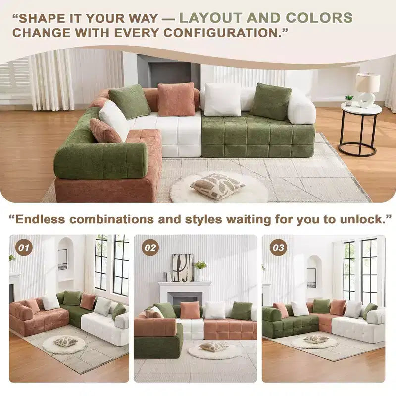 Canapé modulable 4 places en chenille avec accoudoirs incurvés, color block, largeur 279,98 cm