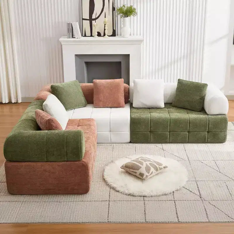 Canapé modulable 4 places en chenille avec accoudoirs incurvés, color block, largeur 279,98 cm