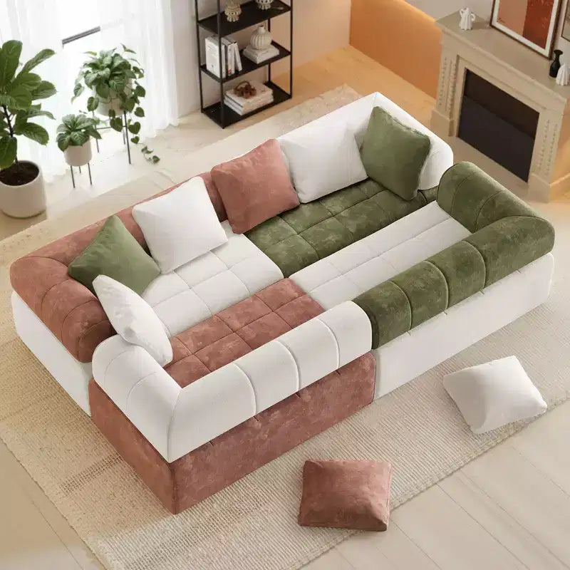 Canapé modulable 4 places en chenille avec accoudoirs incurvés, color block, largeur 279,98 cm
