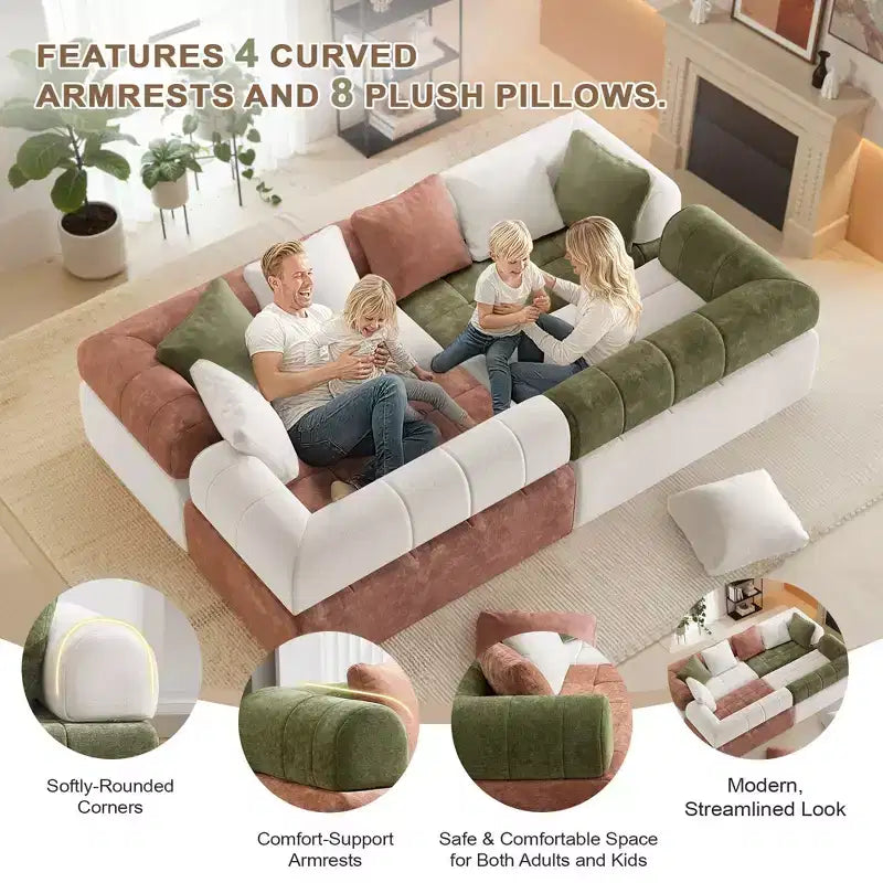 Canapé modulable 4 places en chenille avec accoudoirs incurvés, color block, largeur 279,98 cm