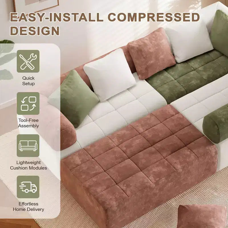 Canapé modulable 4 places en chenille avec accoudoirs incurvés, color block, largeur 279,98 cm