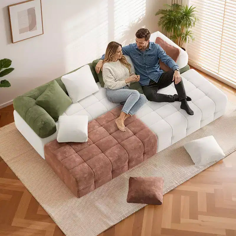 Canapé modulable 4 places en chenille avec accoudoirs incurvés, color block, largeur 279,98 cm