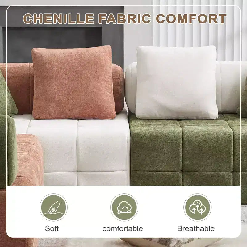 Canapé modulable 4 places en chenille avec accoudoirs incurvés, color block, largeur 279,98 cm