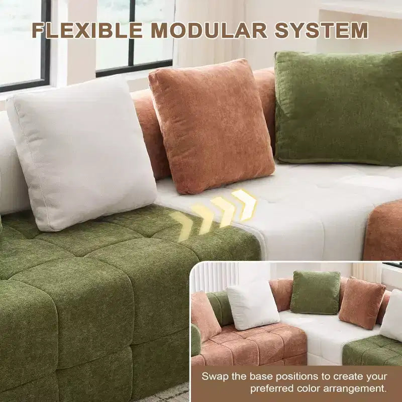 Canapé modulable 4 places en chenille avec accoudoirs incurvés, color block, largeur 279,98 cm
