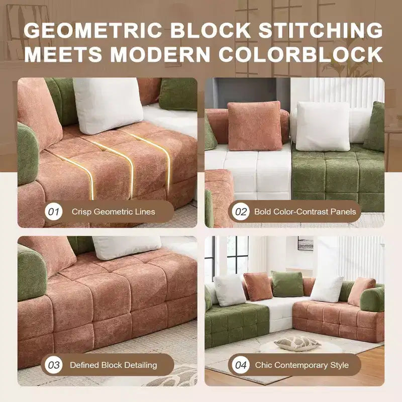 Canapé modulable 4 places en chenille avec accoudoirs incurvés, color block, largeur 279,98 cm