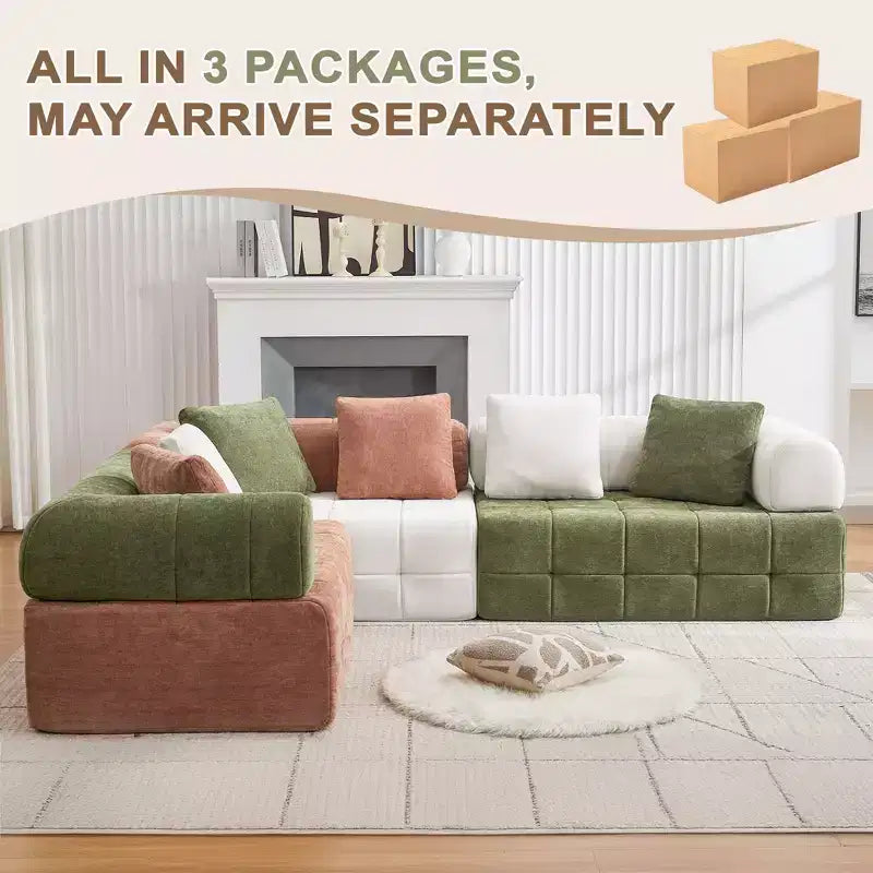 Canapé modulable 4 places en chenille avec accoudoirs incurvés, color block, largeur 279,98 cm