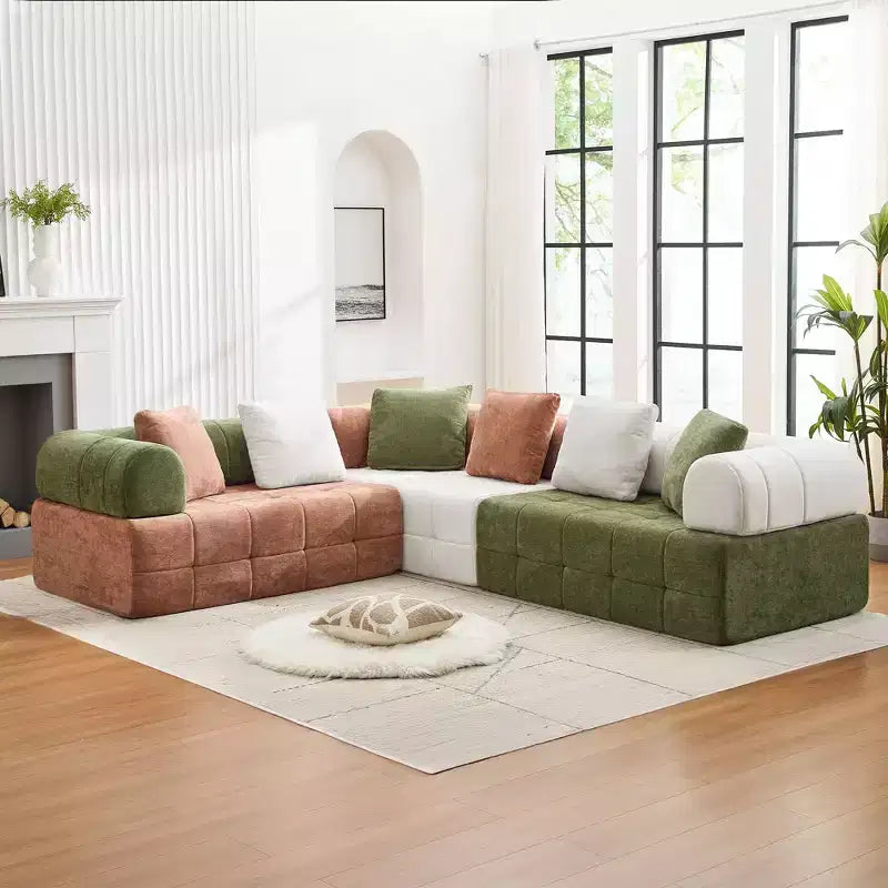 Canapé modulable 4 places en chenille avec accoudoirs incurvés, color block, largeur 279,98 cm