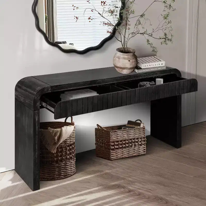 TUYOHW Table d'entrée vintage artisanale de 150 cm avec 2 tiroirs à poignée cachée, console pour entrée, salon, couloir