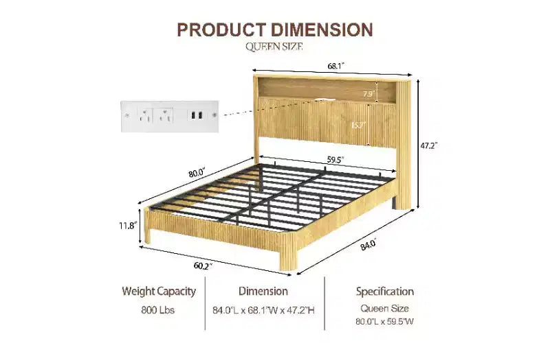 Cadre de lit plateforme TUYOHW avec panneau incurvé ondulé, lit Queen Size robuste en métal et bois avec tête de lit de rangement, station de charge intégrée, anti-bruit