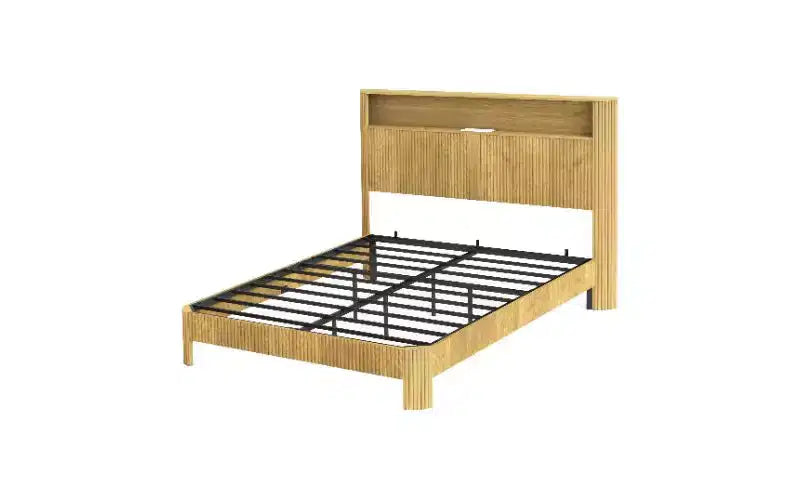 Cadre de lit plateforme TUYOHW avec panneau incurvé ondulé, lit Queen Size robuste en métal et bois avec tête de lit de rangement, station de charge intégrée, anti-bruit
