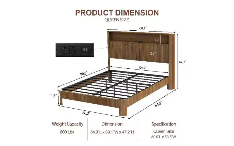Cadre de lit plateforme TUYOHW avec panneau incurvé ondulé, lit Queen Size robuste en métal et bois avec tête de lit de rangement, station de charge intégrée, anti-bruit