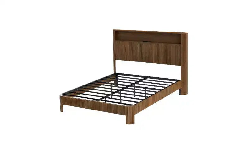 Cadre de lit plateforme TUYOHW avec panneau incurvé ondulé, lit Queen Size robuste en métal et bois avec tête de lit de rangement, station de charge intégrée, anti-bruit