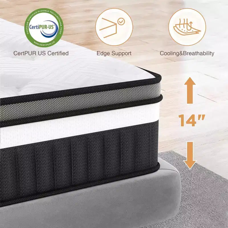 Matelas King Size, Matelas en Mousse à Mémoire de Forme de 14 Pouces dans une Boîte, Infusé de Gel pour un Sommeil Frais et Respirant, Soulagement de la Pression et Soutien, Fermeté Moyenne, Certifié CertiPUR-US