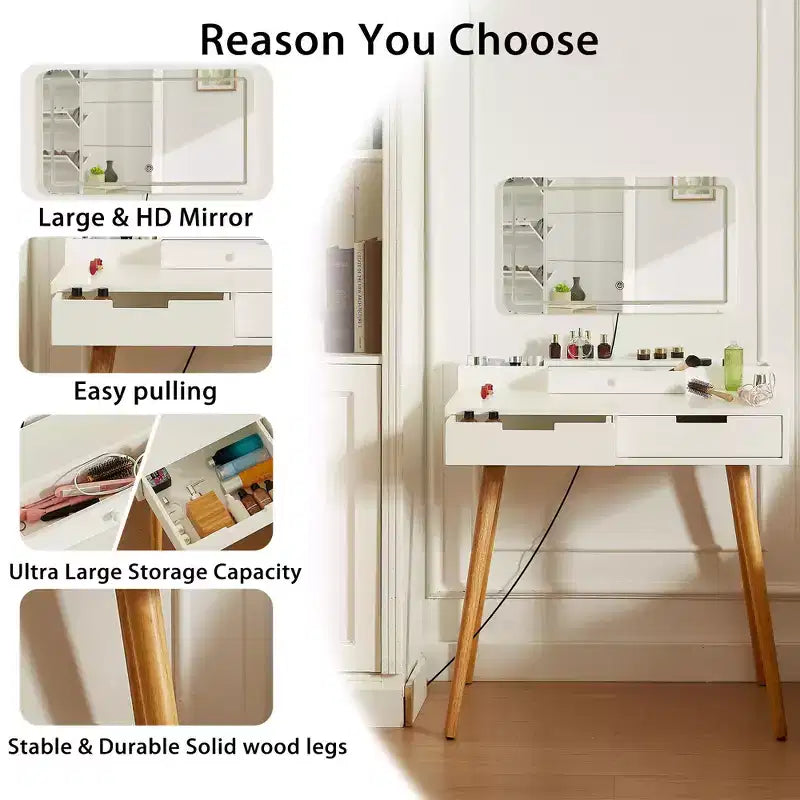 Coiffeuse moderne Okak avec miroir amovible, coiffeuse à maquillage réglable 3 modes de couleur, table de toilette pour salon, chambre à coucher, blanc