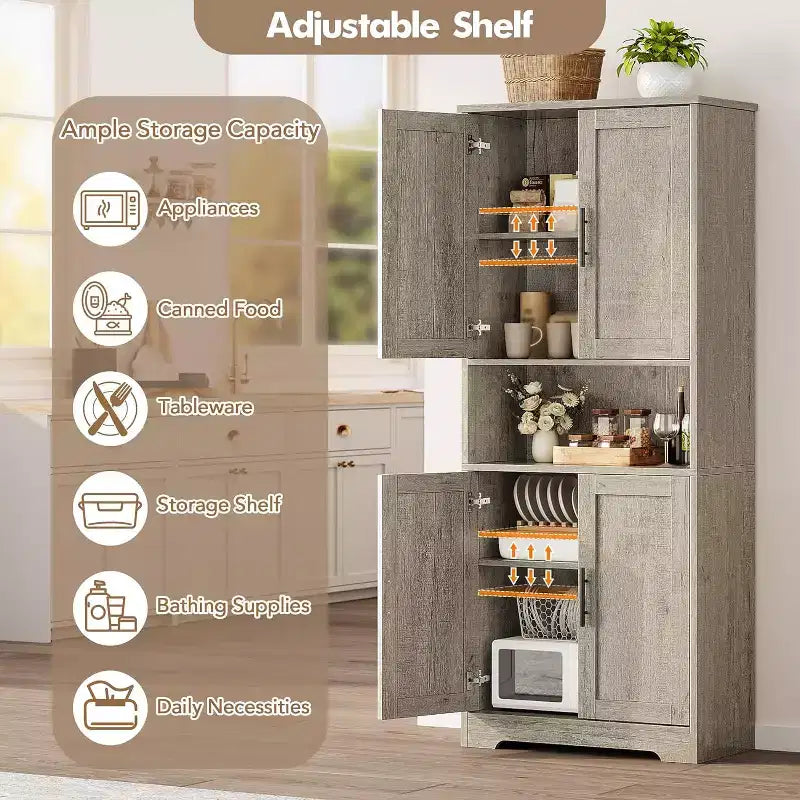 Armoire de rangement haute de 178 cm, buffet de cuisine moderne avec support micro-ondes et étagères réglables, idéale pour la salle à manger, la salle de bain