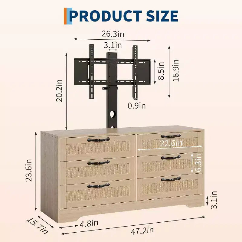 Meuble TV Naturel 6 Tiroirs de 120 cm, Meuble TV en Rotin pour Téléviseurs de 32 à 85 Pouces, pour Salon, Montage Facile