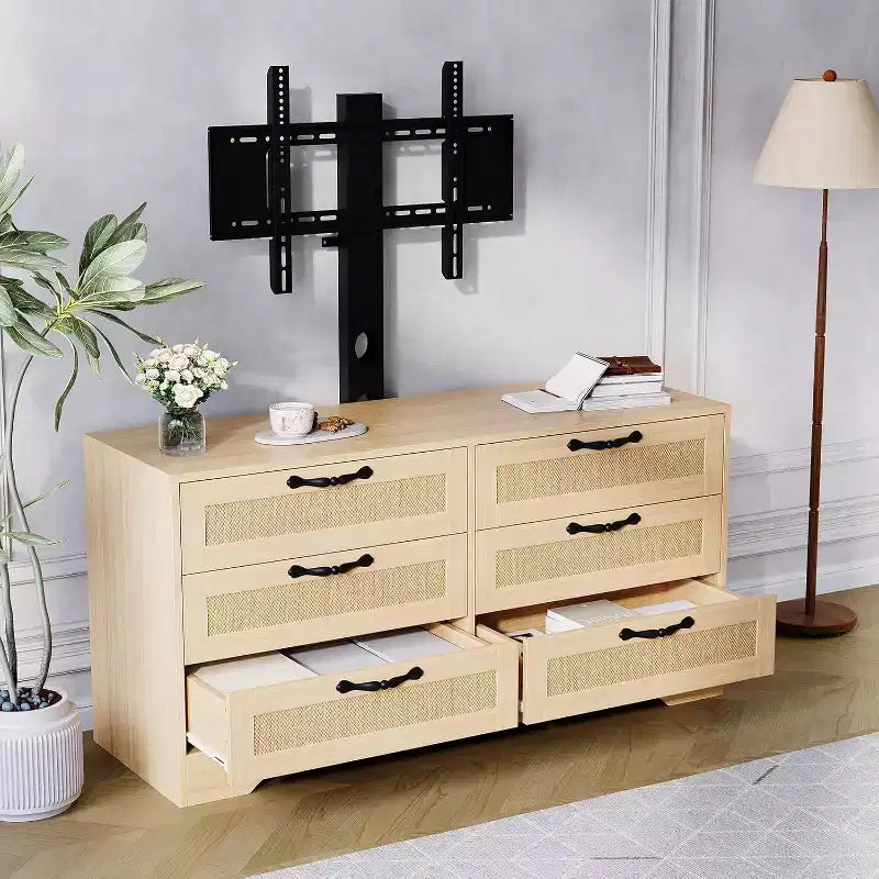 Meuble TV Naturel 6 Tiroirs de 120 cm, Meuble TV en Rotin pour Téléviseurs de 32 à 85 Pouces, pour Salon, Montage Facile